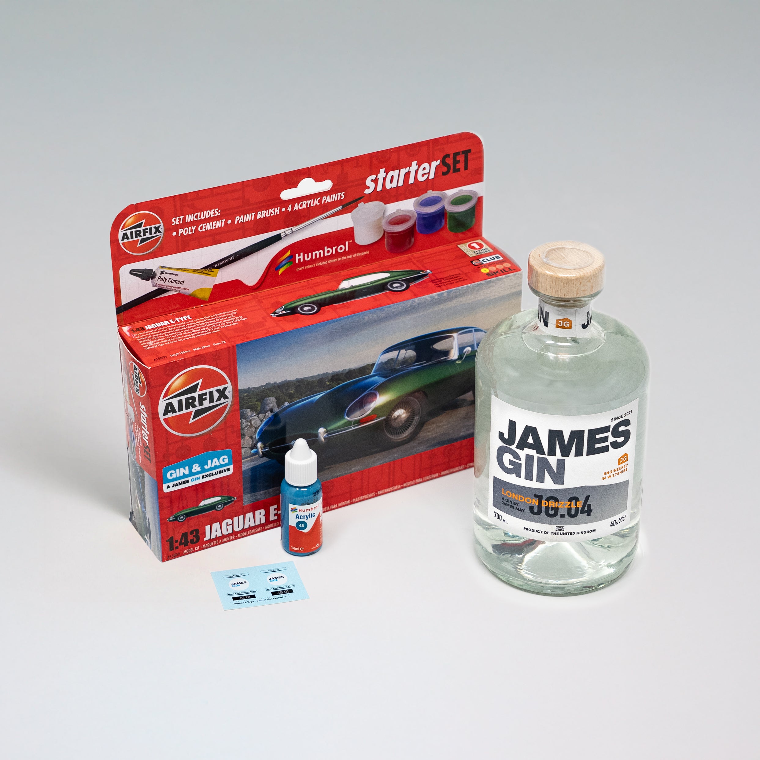 Airfix Jaguar E-Type model kit starter set and bottle of James Gin London Drizzle.