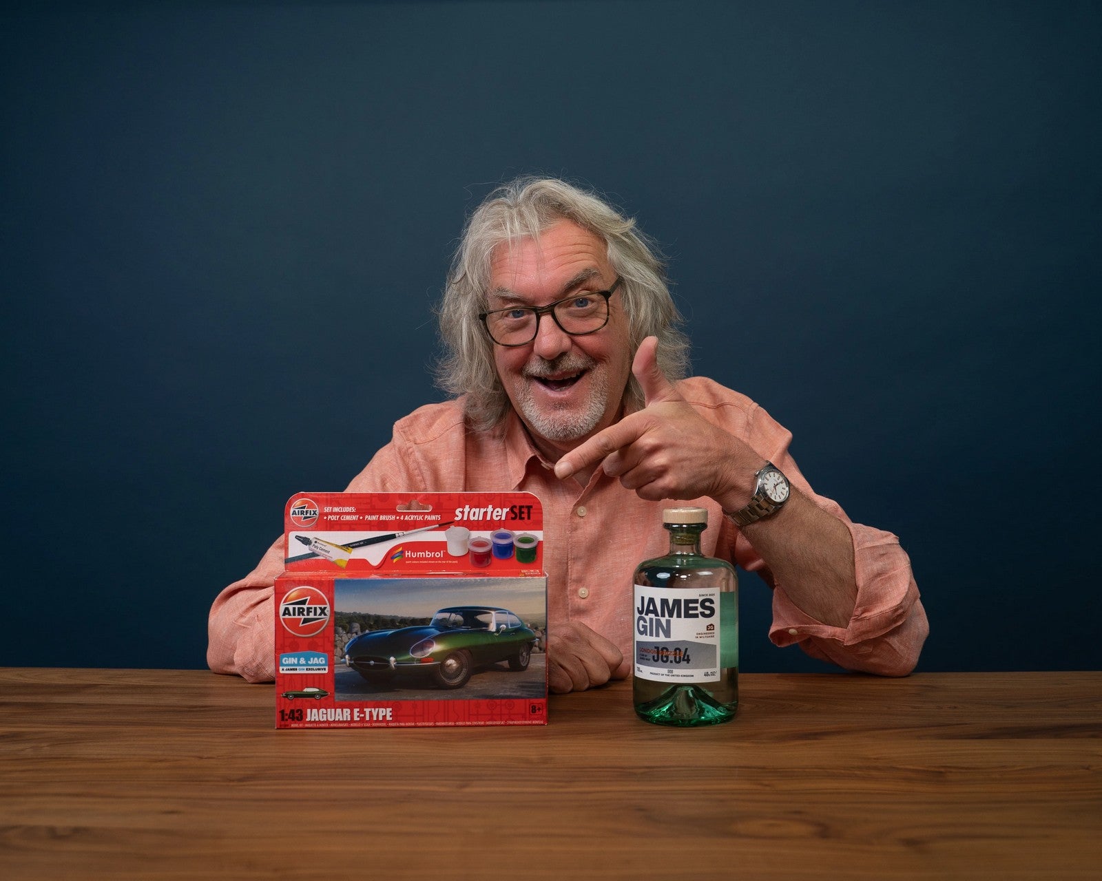James May with Airfix Jaguar E-type starter set and James Gin Bottle