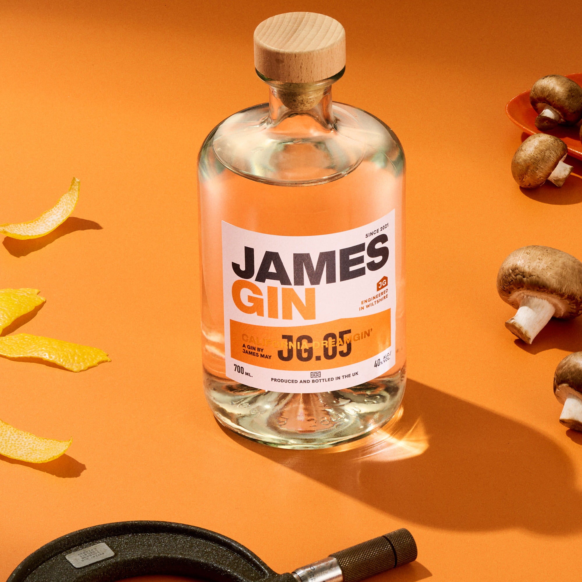 James Gin California Dreamgin' with lemon peel and mushrooms