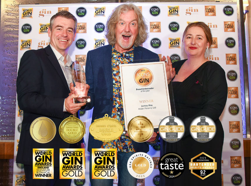 James May and the James Gin team accepting multiple international gin awards including Icons of Gin Brand Ambassador of the Year