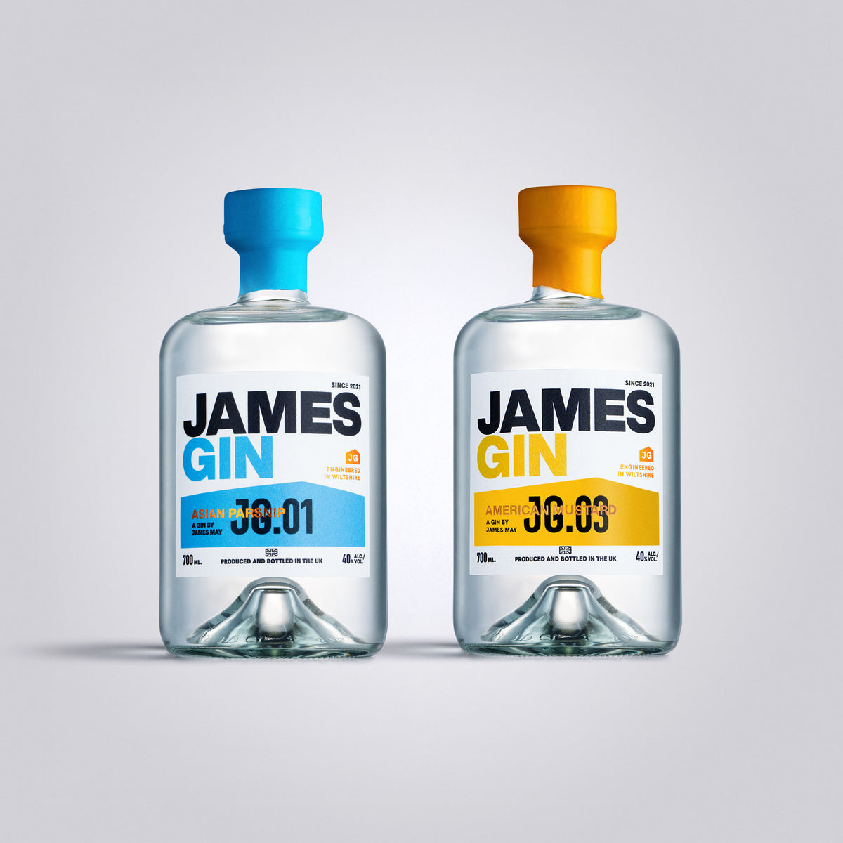 James Gin American Mustard and Asian Parsnip Bottles – Premium Craft Gin by James May, produced and bottled in UK.