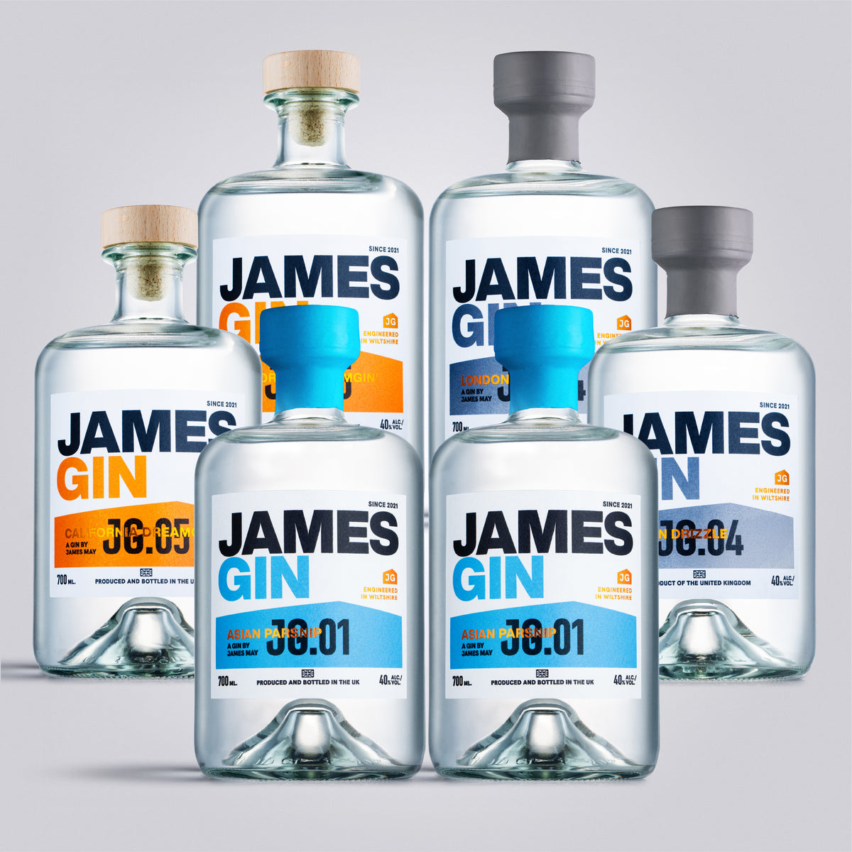 James Gin California Dreamgin, London Drizzle and Asian Parsnip Bottles – Premium Craft Gin by James May, produced and bottled in UK.