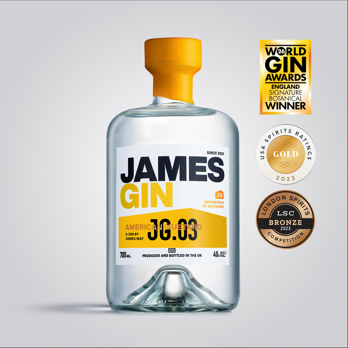 Bottle of James Gin American Mustard with awards | Gin by James May
