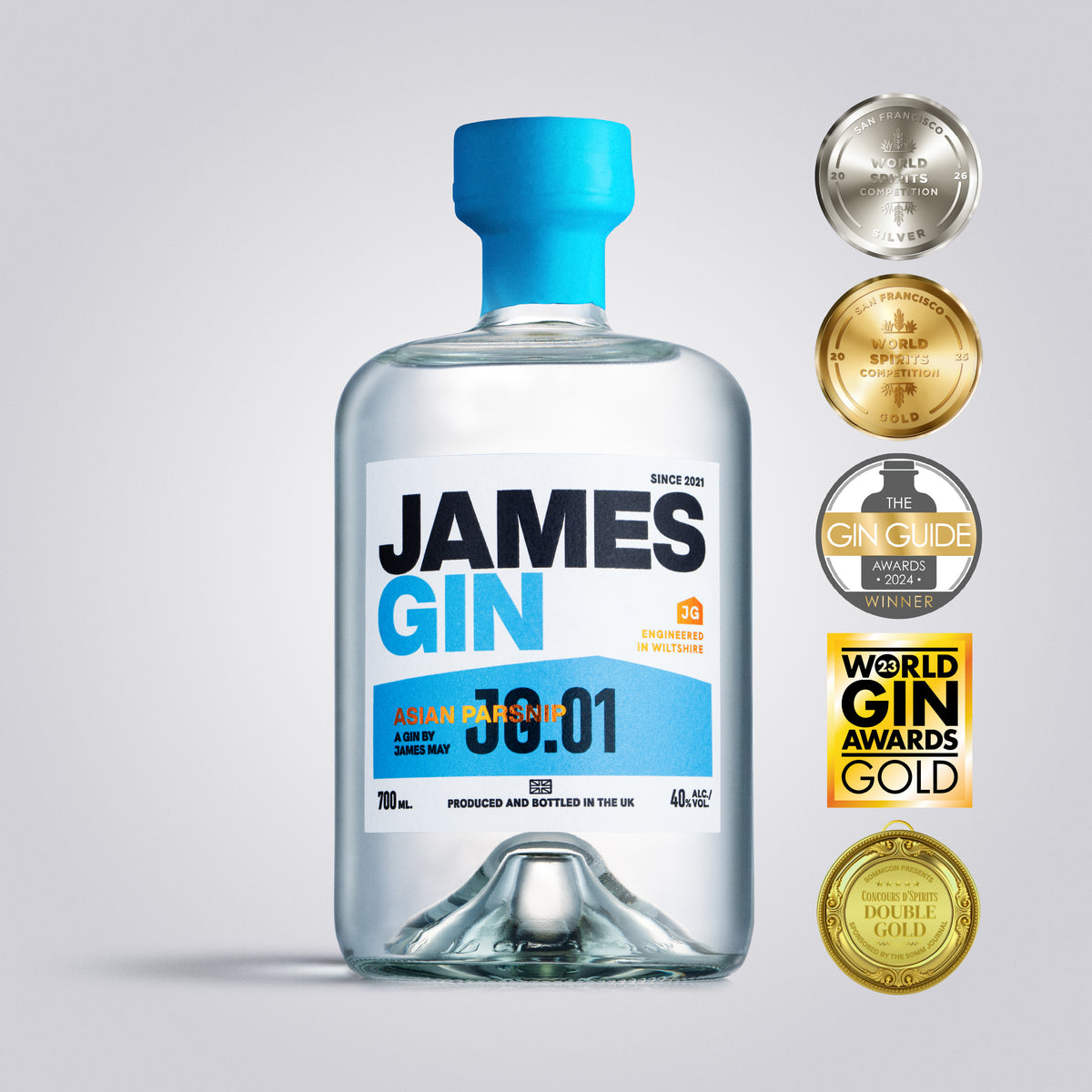 Bottle of James Gin with gold awards | Asian Parsnip