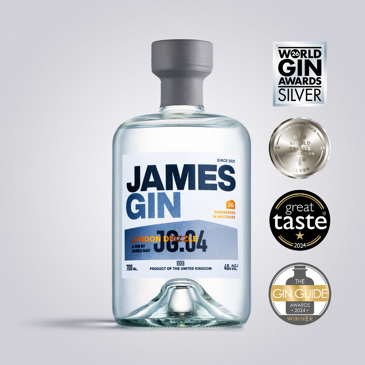 Bottle of James Gin London Drizzle with awards