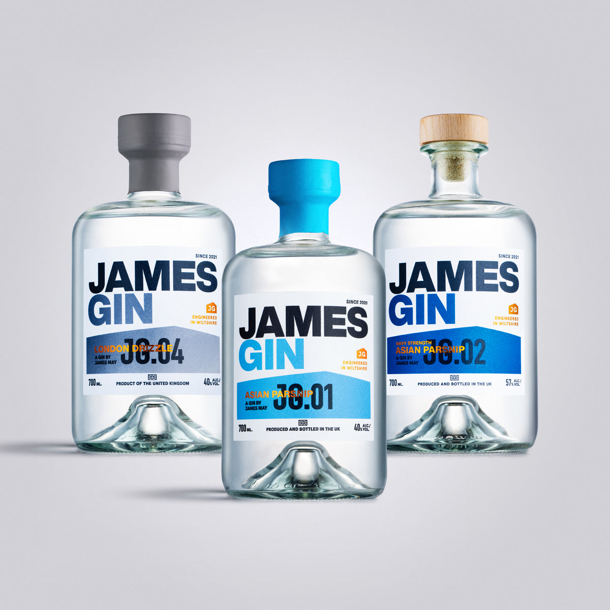 James Gin Navy Strength Asian Parsnip, London Drizzle and Asian Parsnip Bottles – Premium Craft Gin by James May, produced and bottled in UK.