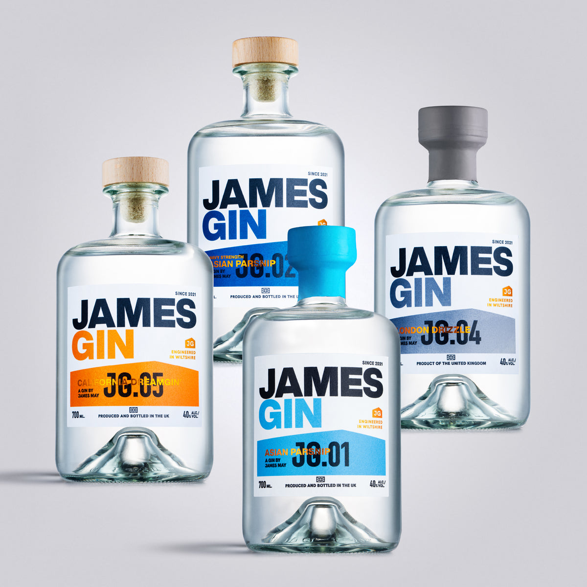 James Gin Navy Strength Asian Parsnip, California Dreamgin, London Drizzle and Asian Parsnip Bottles – Premium Craft Gin by James May, produced and bottled in UK. 